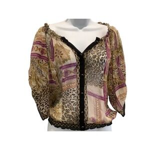 CACHE RETRO SHEER SILK ANIMAL CHAIN PRINT RUCHD TIE SLEEVE BLOUSE S